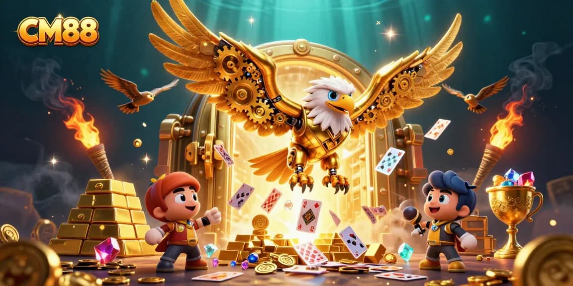 Experience CM88's dynamic gambling world as a golden eagle navigates through holographic cards and treasures.