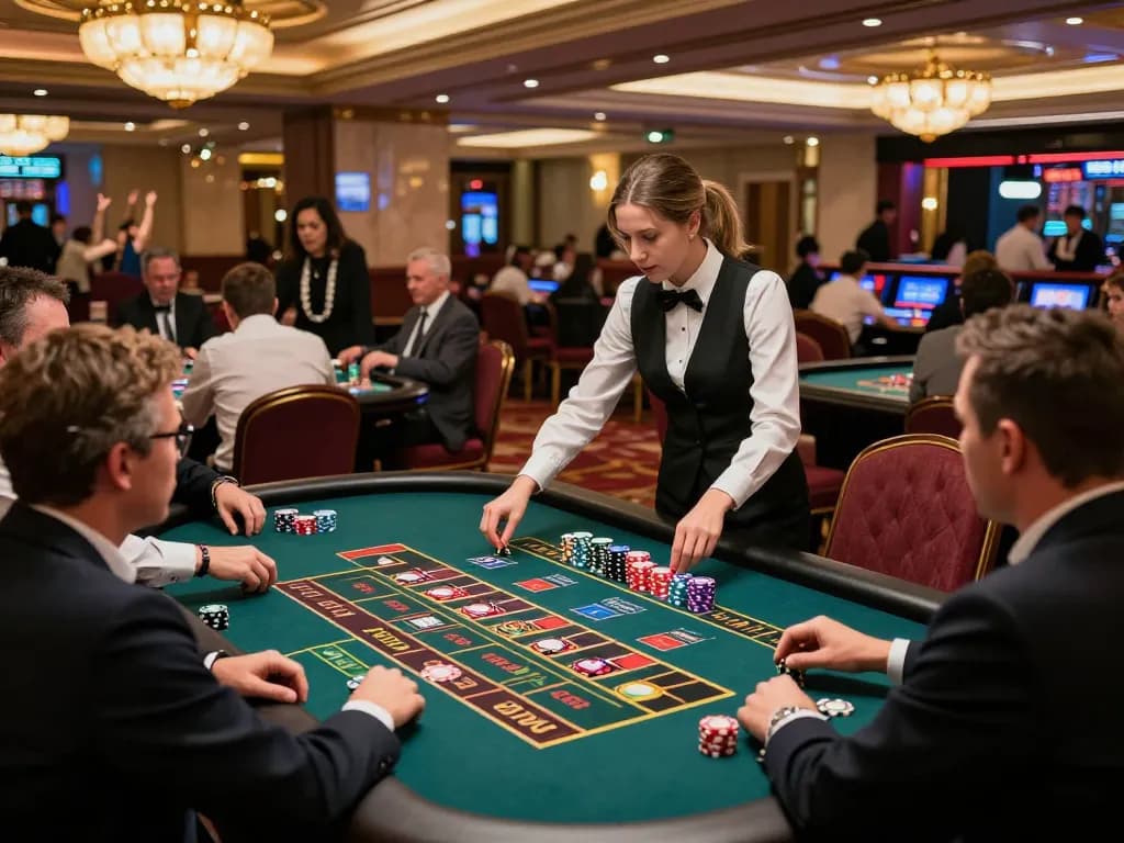 Mantra88 integrates upscale roulette gameplay with croupiers and excited players in a vibrant casino.
