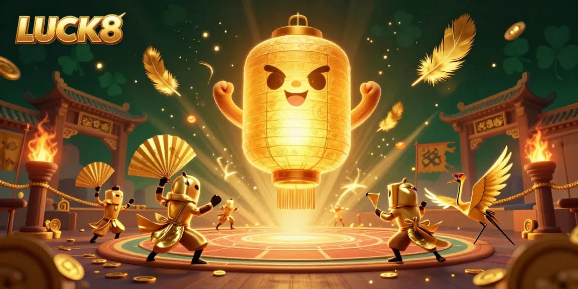 Experience LUCK8's vibrant casino scene with a glowing lantern spirit and golden companions.