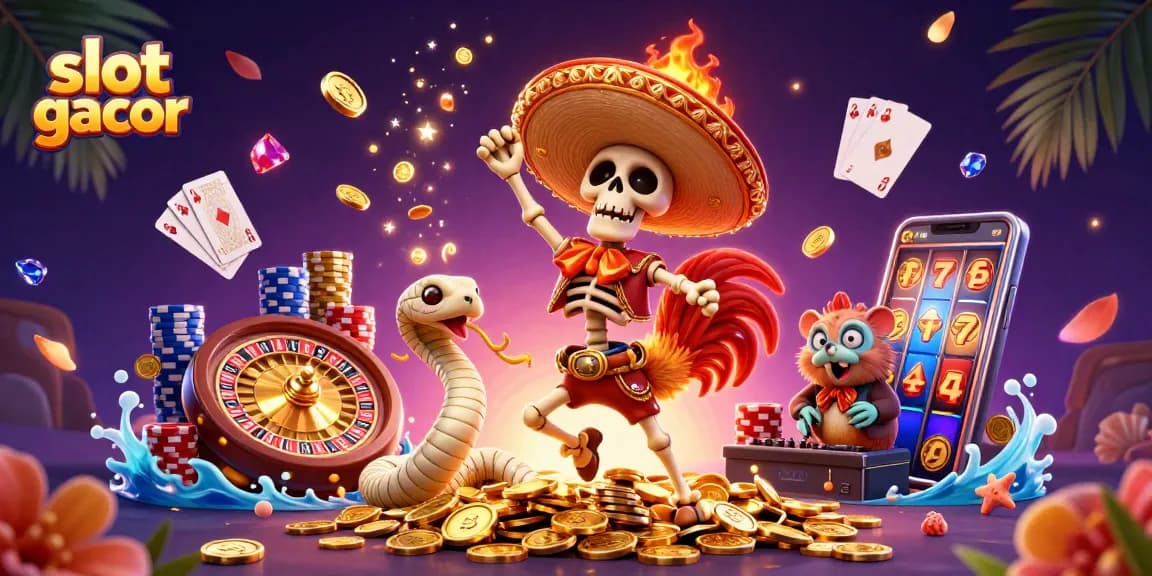 Gambarkan slot gacor yang menarik dengan skeleton mariachi dan kekayaan di atas koin emas
