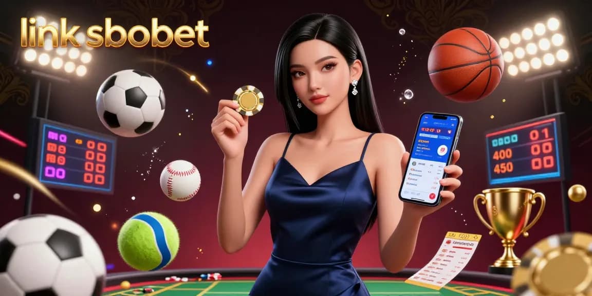 Engage in thrilling sports betting with link sbobet featuring dynamic 3D illustration of a confident Asian woman surrounded by vibrant sports symbols.