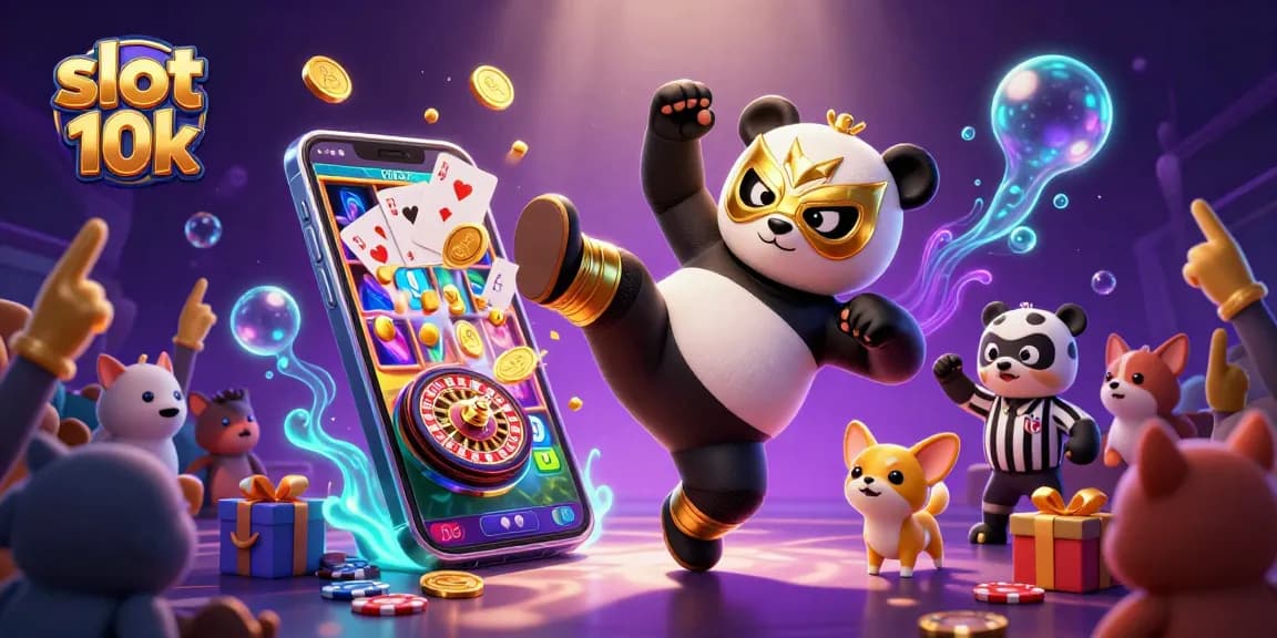 Spin reels with slot 10k excitement featuring a wrestling panda and cheering animal crowd.