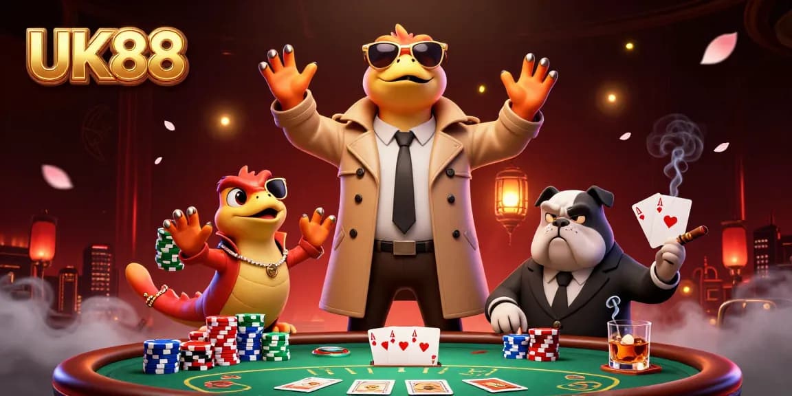 Experience the thrill of UK88 with raptors in a trench coat sneaking into a casino lounge.