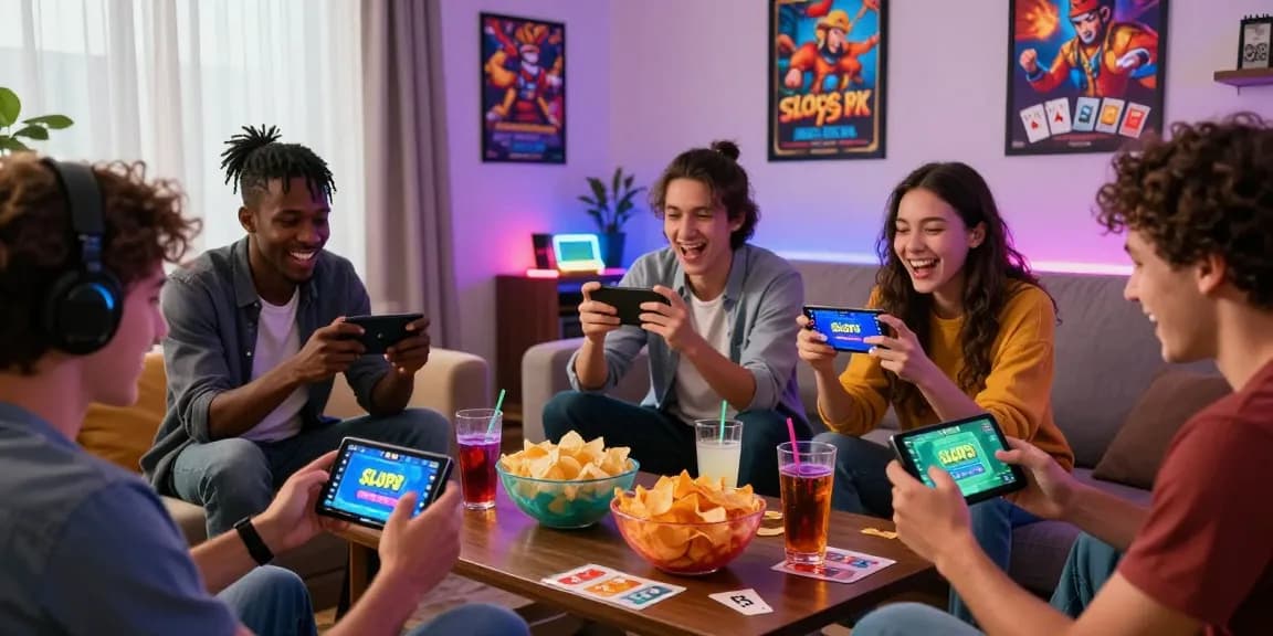 Friends enjoying the Slots PK app link in a lively gaming session at home with snacks and excitement.