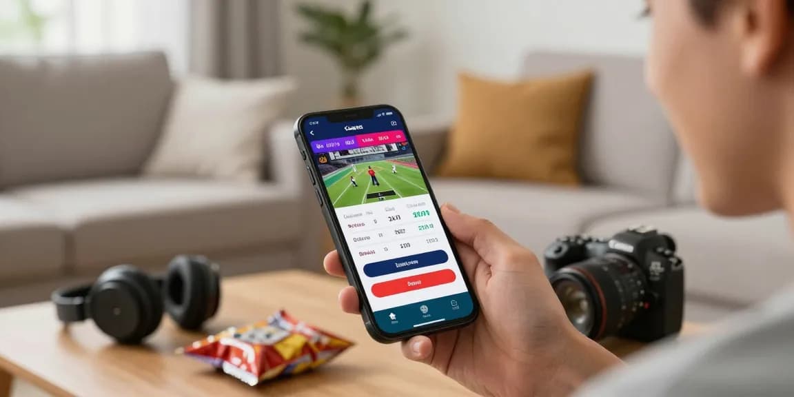 LUCK8 online betting app interface with user engaging in sports betting, modern living room ambiance.