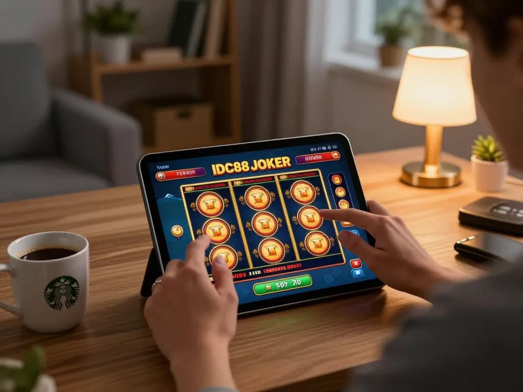 Engaging in thrilling gameplay on the IDC88 JOKER app with a tablet in a cozy setting.