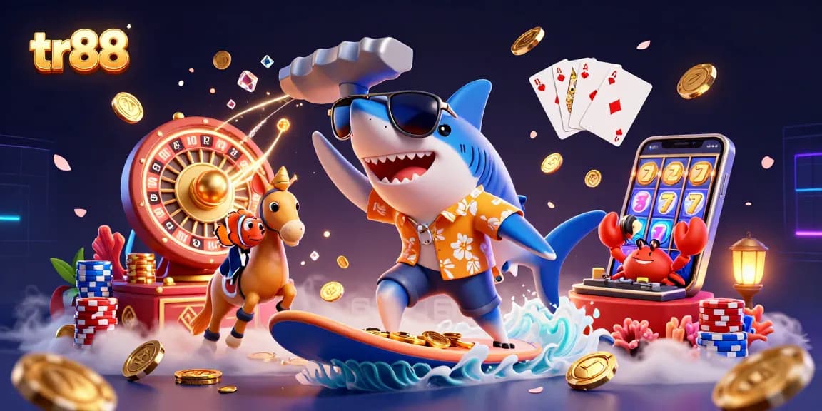 Surfing with tr88's vibrant casino action featuring gold coins and fun aquatic characters.