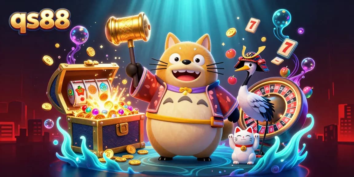 Engage in thrilling gaming adventures with qs88's vibrant casino scene featuring slot elements and lucky symbols.