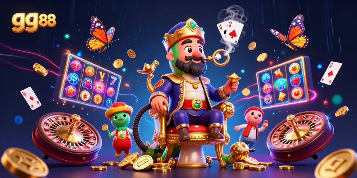 Engage with gg 88's casino universe, a vibrant 3D scene filled with colorful gaming elements and excitement.