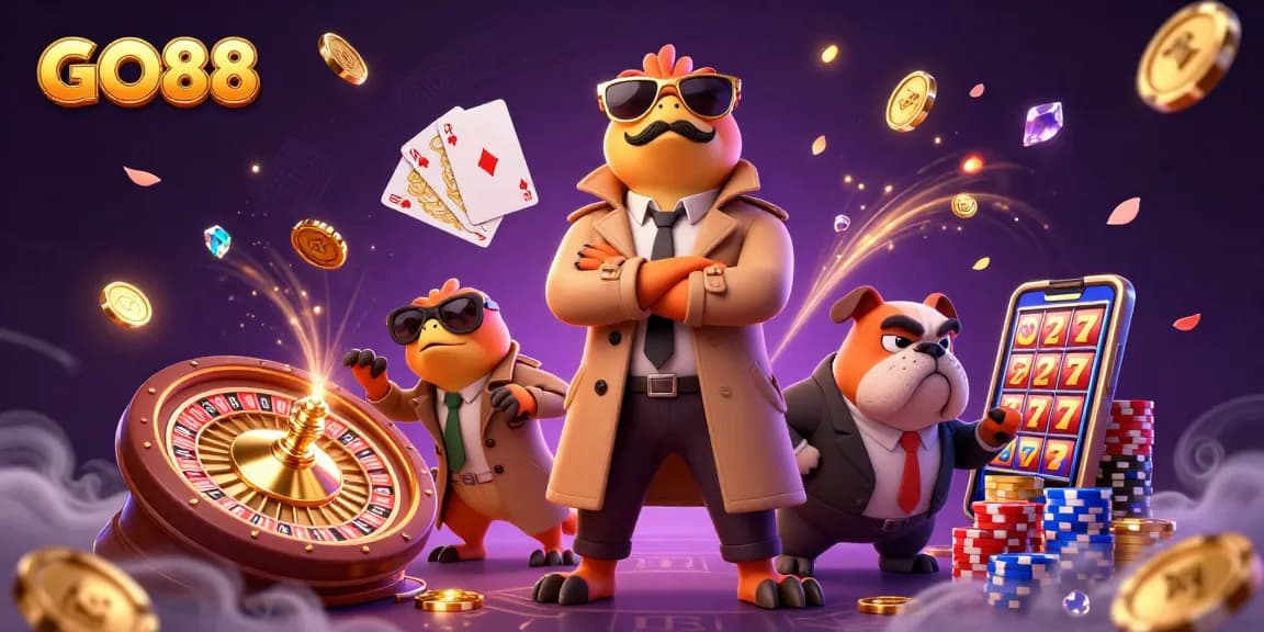 Experience the excitement of GO88 with a vibrant casino scene featuring cartoon raptors and dynamic game elements