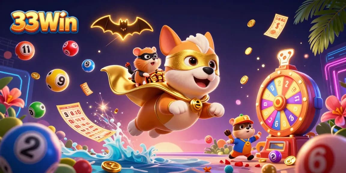 Experience thrilling wins with 33Win in this dynamic, vibrant casino game illustration.