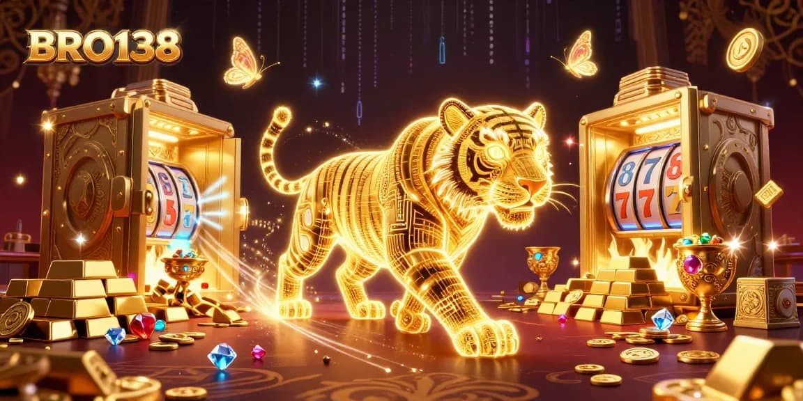 BRO138 elevates your gaming experience with dynamic slot reels and sparkling treasures in this vibrant casino scene.