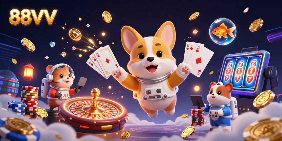 Experience thrilling games with 88VV in a vibrant casino scene filled with floating coins and festive energy.