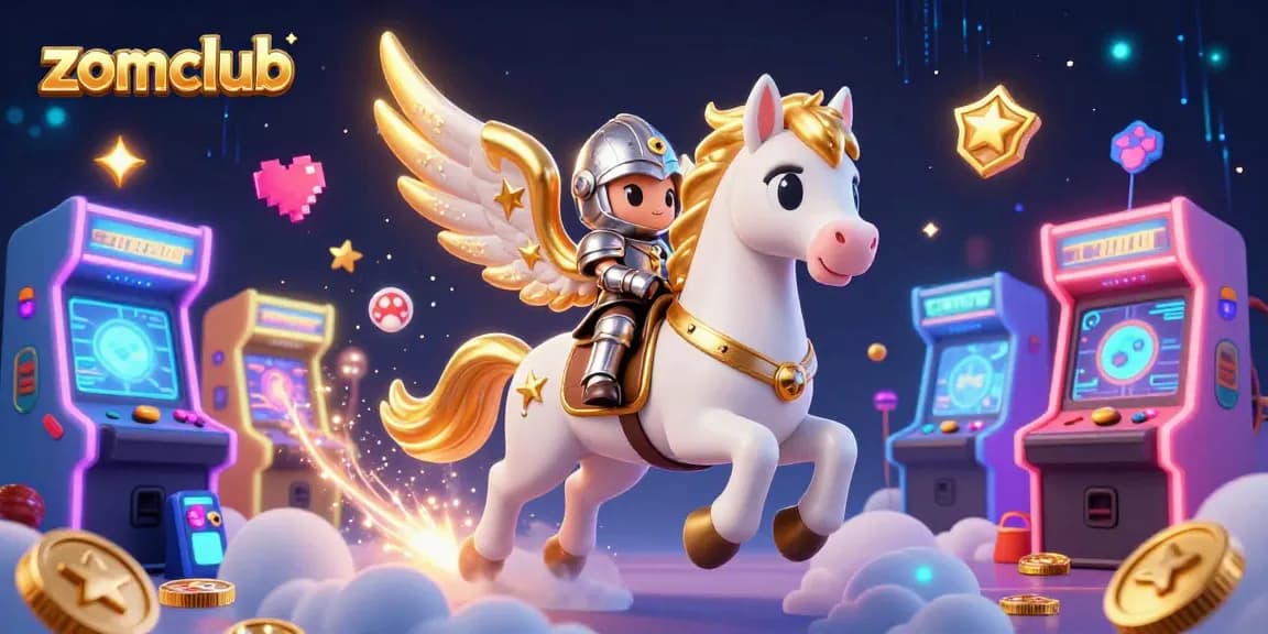 Zomclub showcases a 3D celestial horse and knight in a vibrant casino-themed environment, featuring sparkling games and energy.