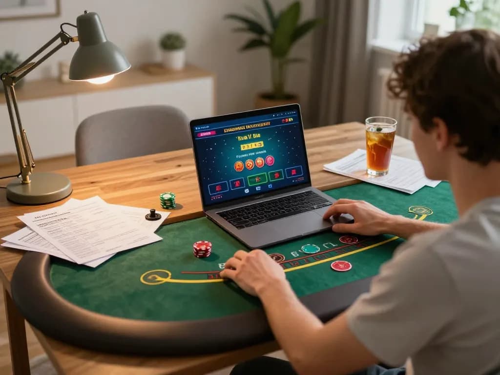 Engaging with badak178 live dealer blackjack at home, featuring strategic notes and modern decor.
