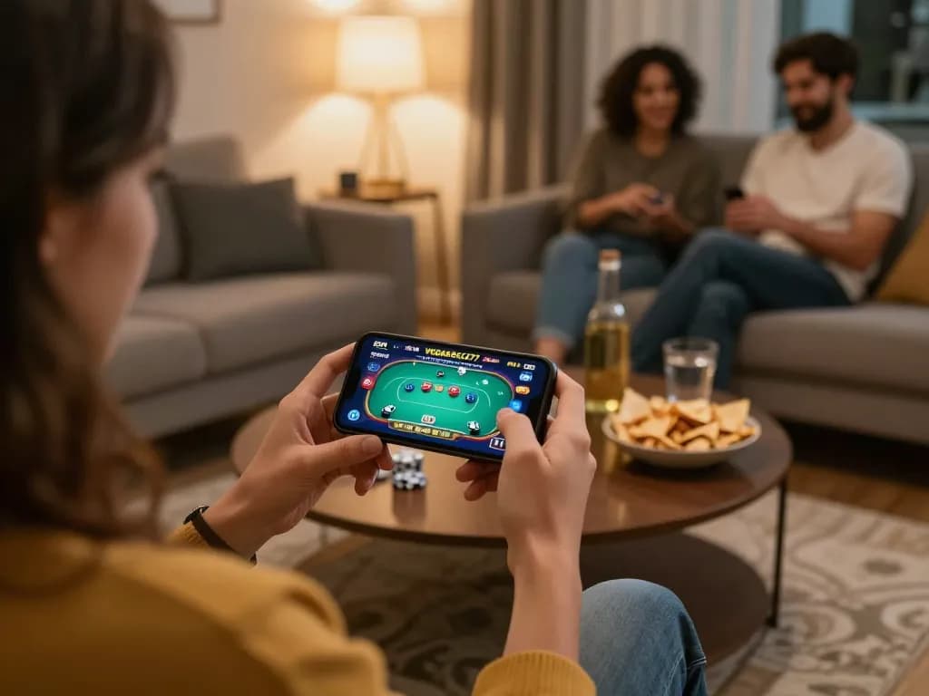 Person enjoying the vegasslot77 online casino poker game on a smartphone in a cozy living room.