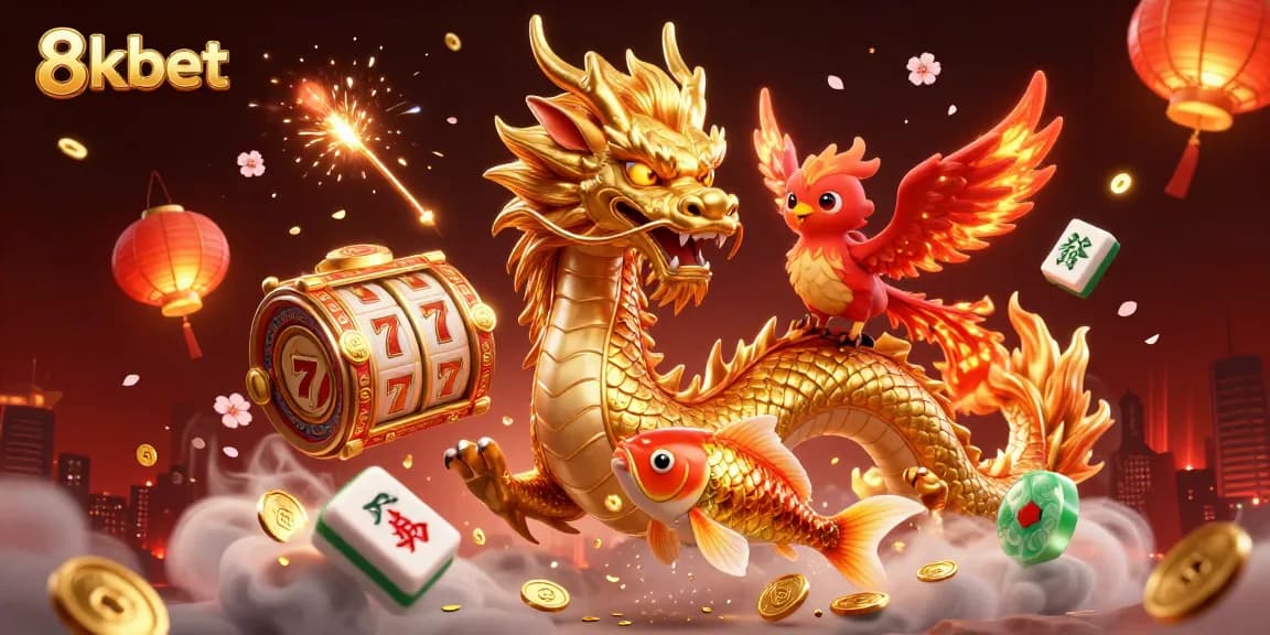 Experience the excitement of 8kbet with a vibrant casino-themed 3D illustration featuring a dragon, phoenix, and koi fish.