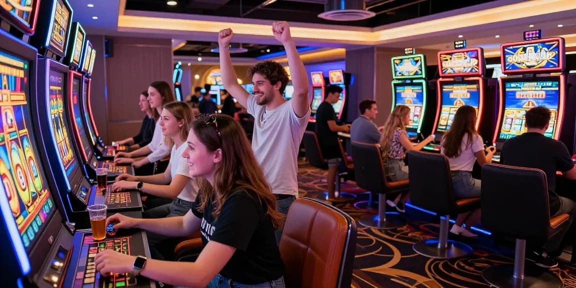 Mesin slot dengan pemain merayakan jackpot di kasino.