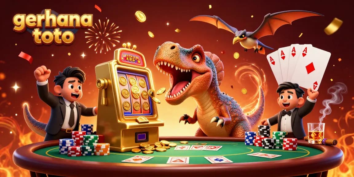 Gerhana toto menghadirkan suasana kasino yang ramai dengan dinosaurus dan slot jackpot.