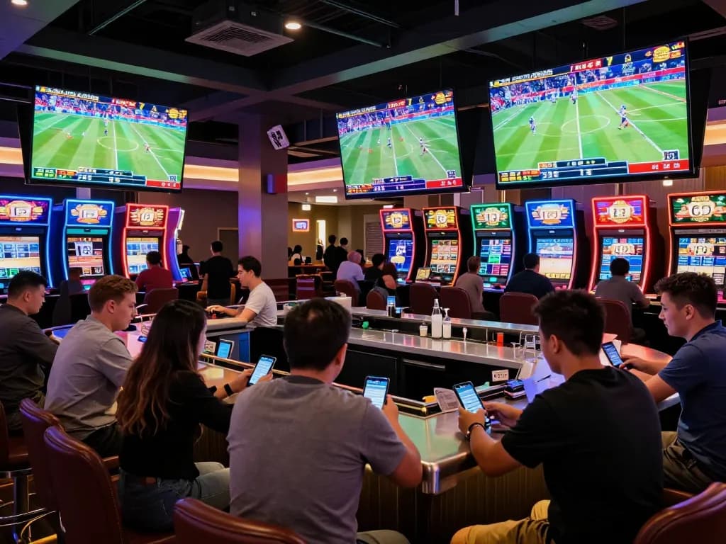 Engaging betting scene with sports fans analyzing kèo nhà cái and placing wagers in a lively casino.