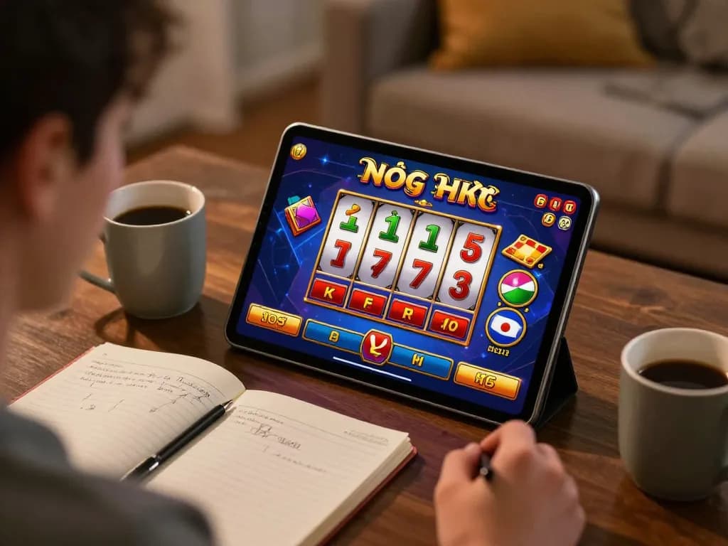 Players actively enjoying nổ hũ game on tablet with engaging graphics in cozy home environment.