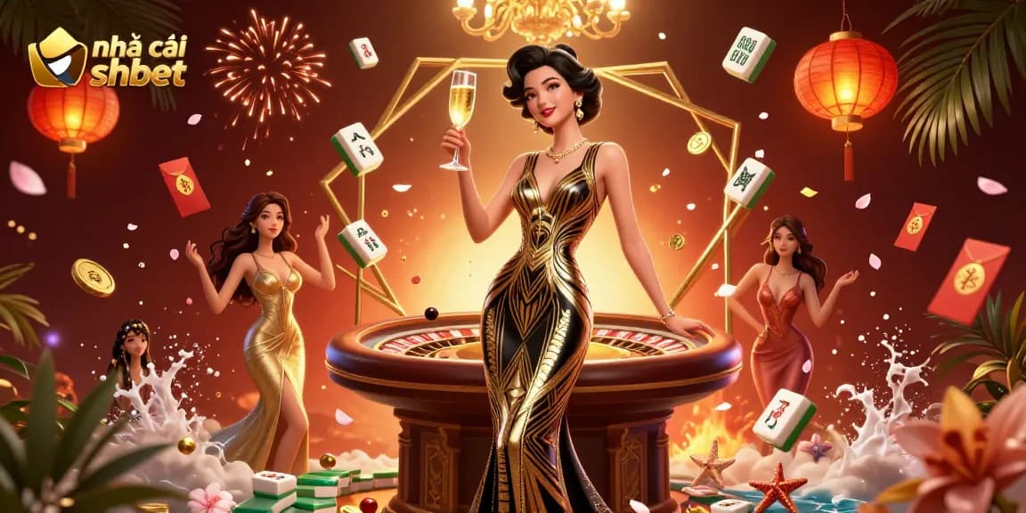 Experience live action at nhà cái shbet with our beautiful Asian host at a glamorous casino setting.