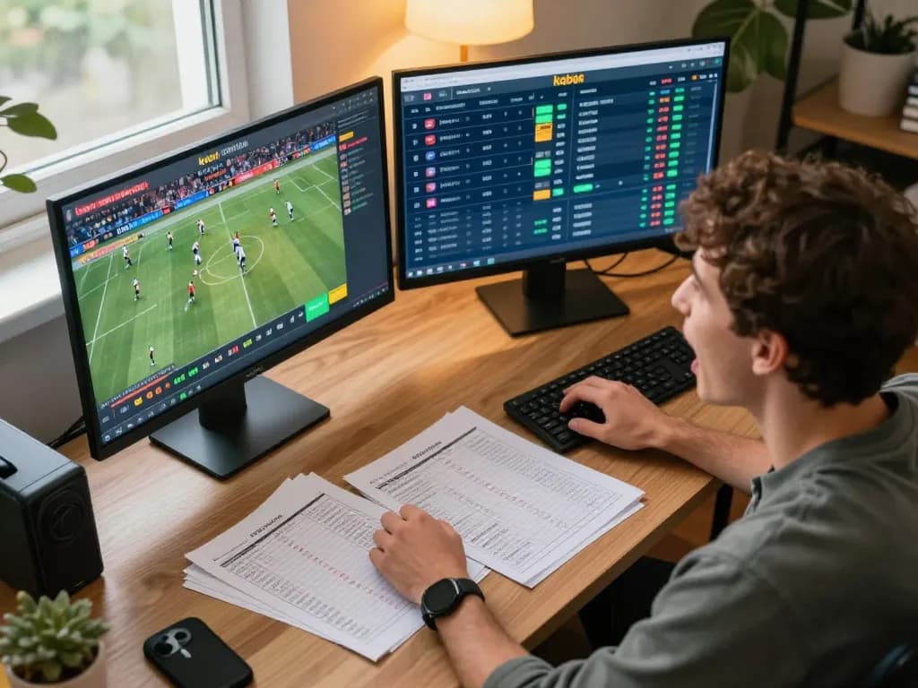 KQBD user analyzing live sports betting odds and strategies in a modern home office.
