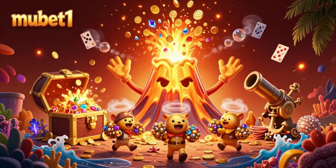 Spin to win at mubet1 with vibrant treasures erupting from a golden volcano!