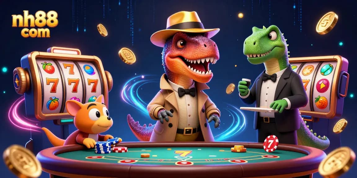 Experience thrilling gameplay at nh88 com with a playful velociraptor card counter amidst colorful slot reels and casino elements.