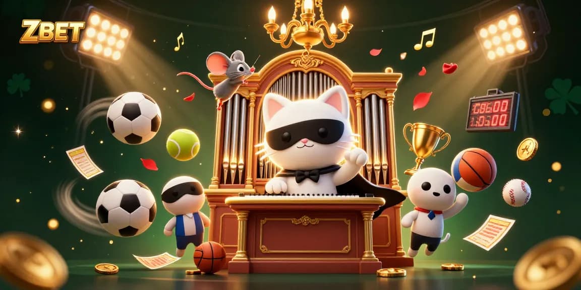 ZBET reveals a vibrant casino scene with a phantom cat at a pipe organ surrounded by sports elements.