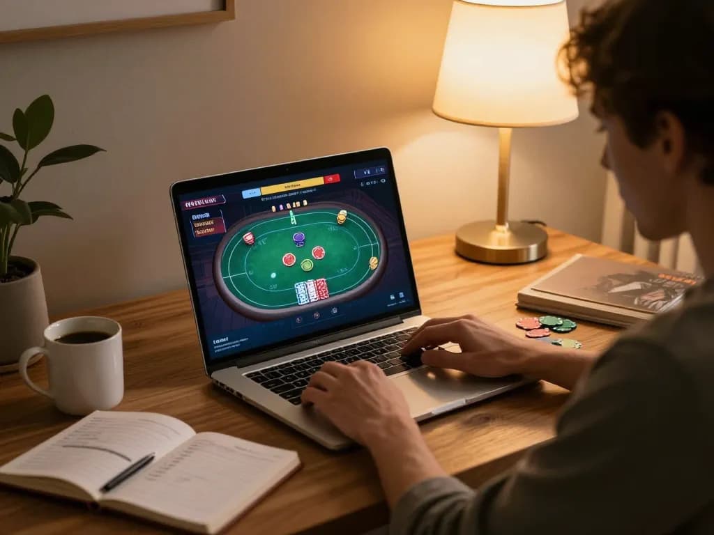 Gambler engaging in an exciting online poker session at home using 8kbet16 platform, focusing on strategy and gameplay.