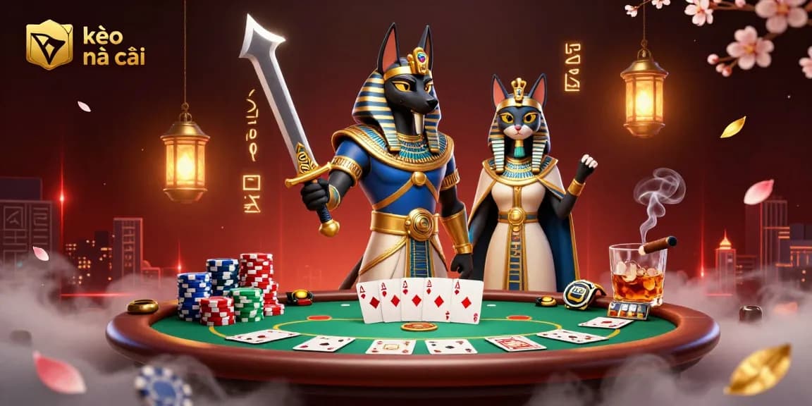 Experience kèo nhà cái action with Anubis and Bastet amidst poker elements and vibrant colors.