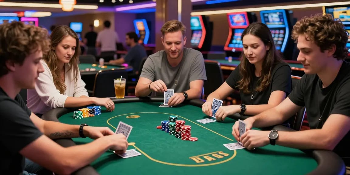 Exciting Daftar Nagapoker scene with friends playing poker at a lively casino table.