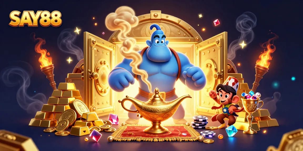 Experience electrifying wins at SAY88 with vibrant casino elements and magical characters in action