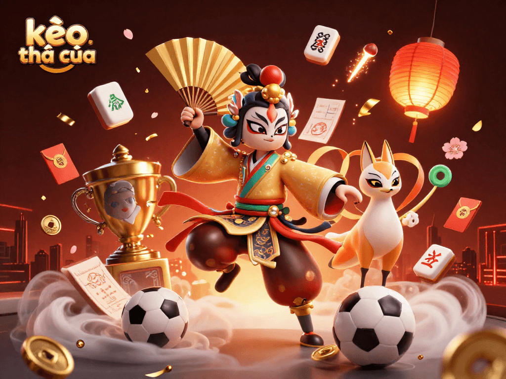 Engage with kèo nhà cái in a vibrant 3D scene featuring sports elements and traditional characters.