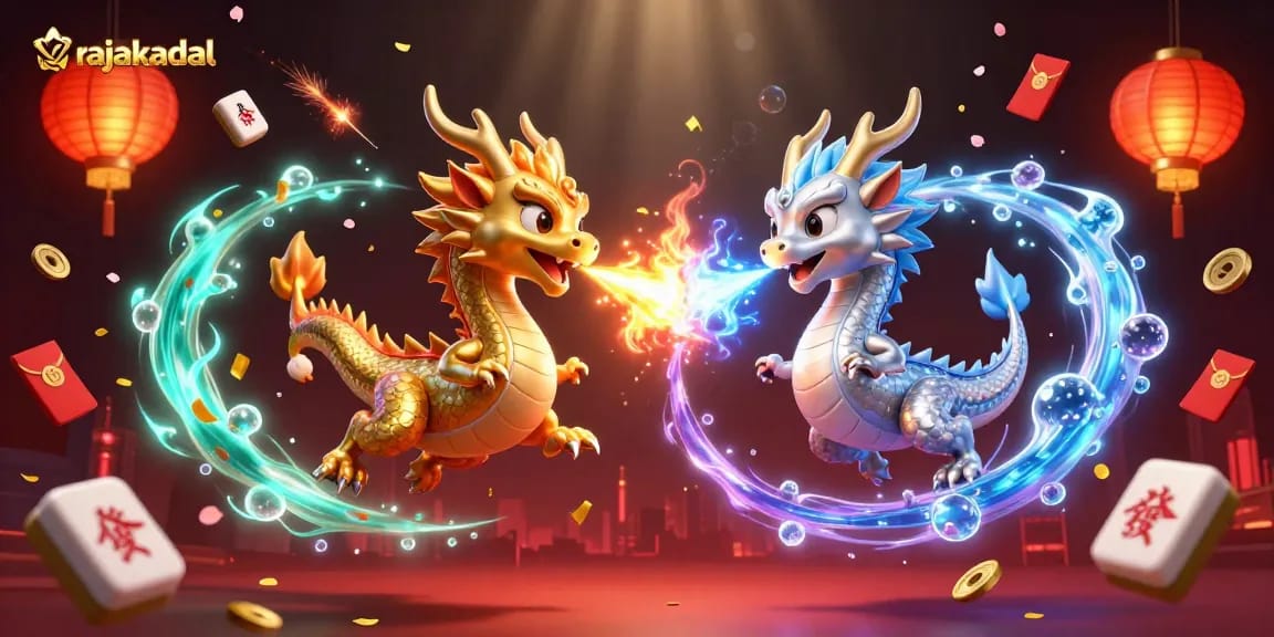 RAJAKADAL menghidupkan momen bermain dengan pasangan naga 3D berwarna emas dan perak yang terbang berlawanan, menyemburkan api dan es.