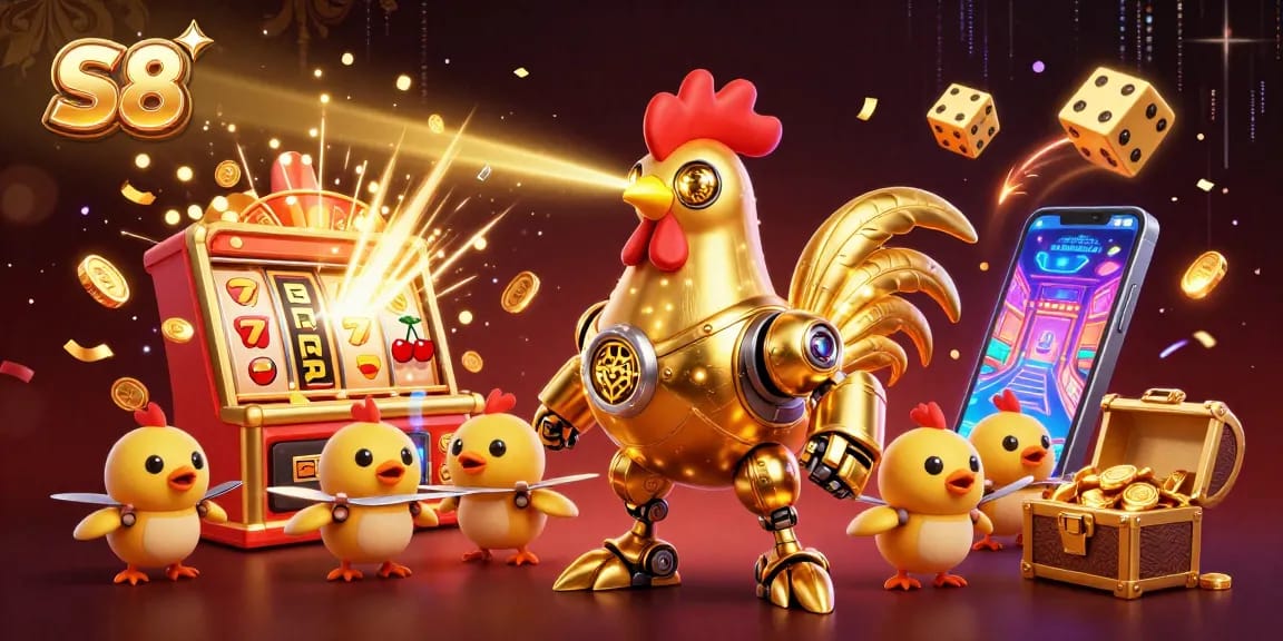 S8 offers thrilling gaming experiences with vibrant slot machines, golden symbols, and dynamic energy in this 3D illustration.