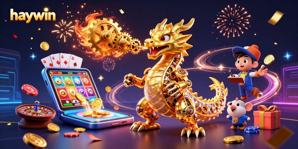 Experience thrilling odds with haywin, amidst a vibrant casino scene featuring dynamic games and golden treasures.
