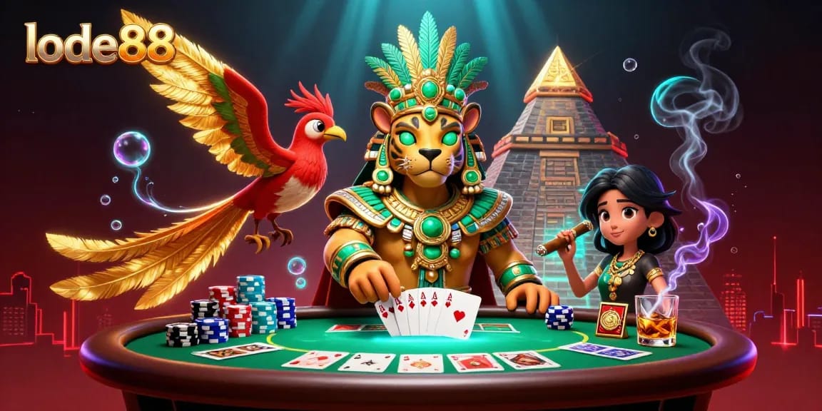 Experience vibrant gameplay with lode88's dynamic casino scene featuring a winning poker hand.