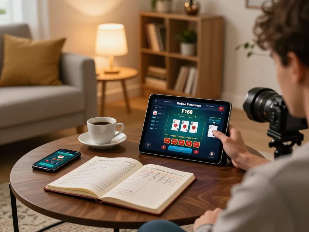 F168 online casino interface displayed on tablet in a cozy home gaming setup.