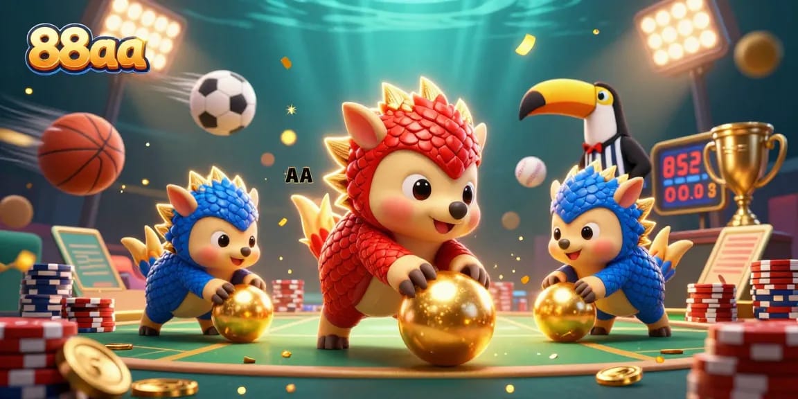 88aa pangolins compete for poker chips in a vibrant casino scene filled with dynamic sports elements.