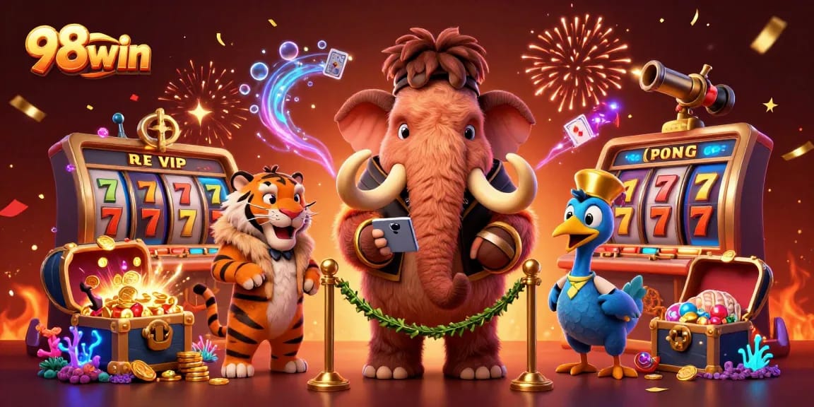 Experience exciting wins at 98win with vibrant casino characters amidst gold treasures and games.