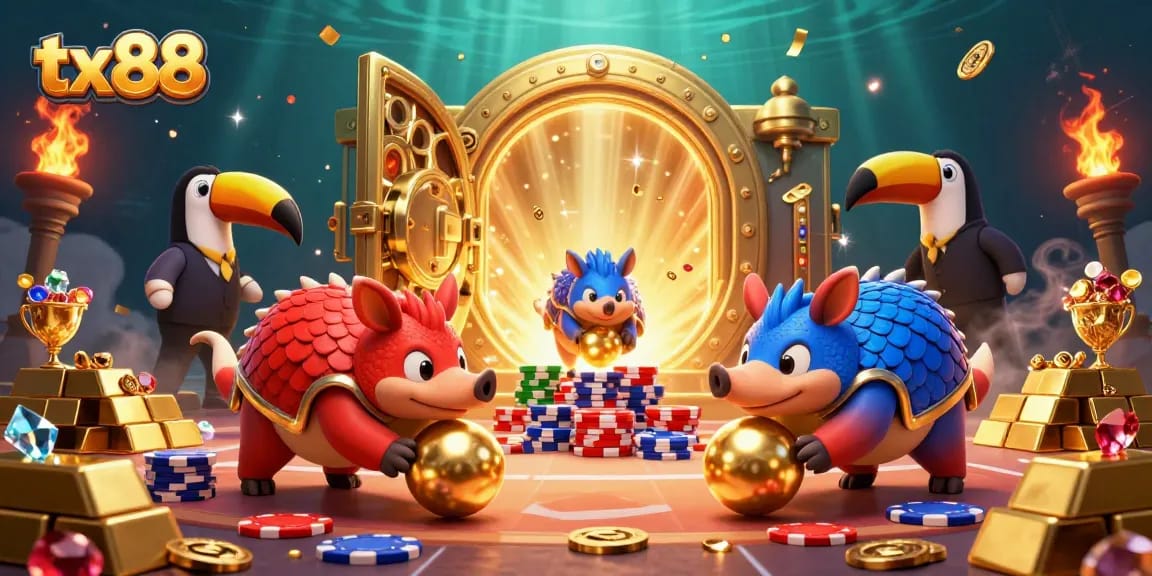 Engage with tx 88 in a vibrant casino scene featuring cartoon pangolins and gold treasures.