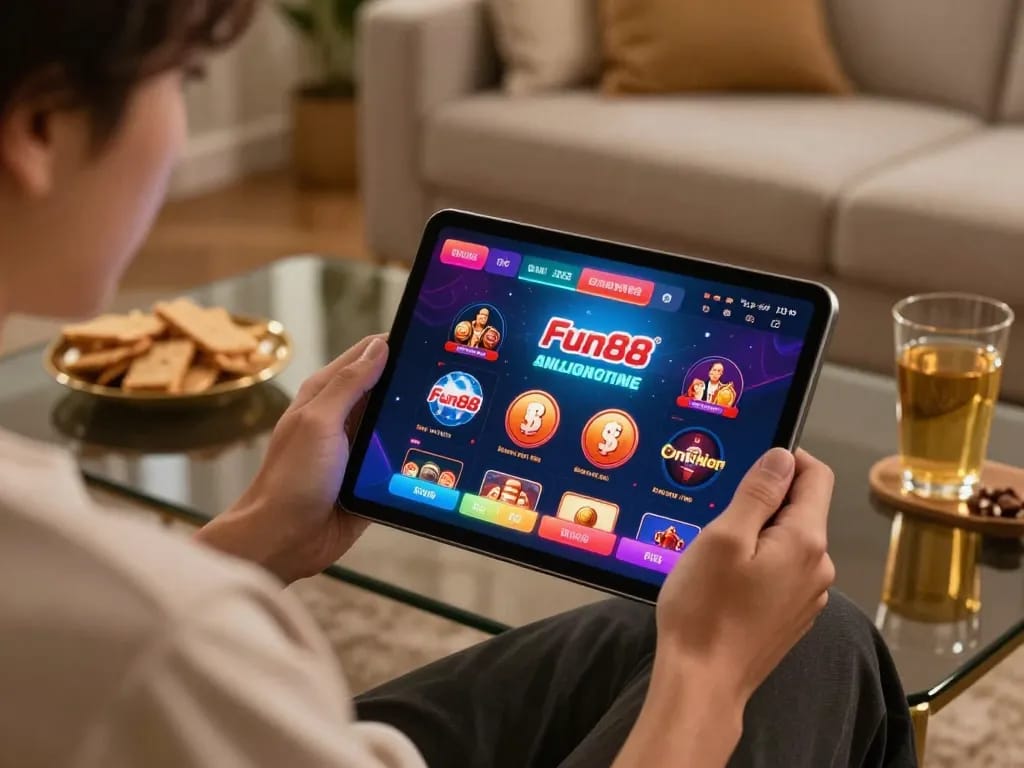 Engaged player using Fun88 app on tablet, surrounded by snacks in a cozy home setting.