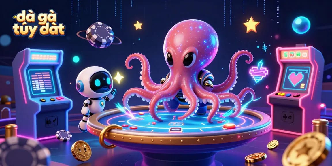 Immerse yourself in đá gà trực tiếp action with this vibrant 3D alien octopus at a holographic gambling table.