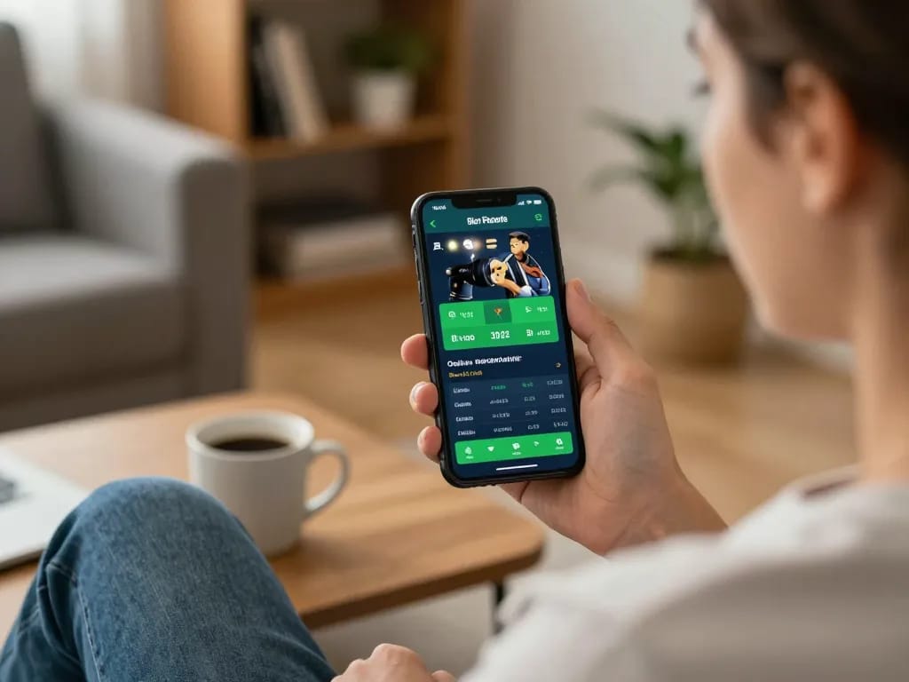 Engage with DAFTAR IDNSCORE for sports betting strategies in a cozy living room setting with a smartphone showing live odds.