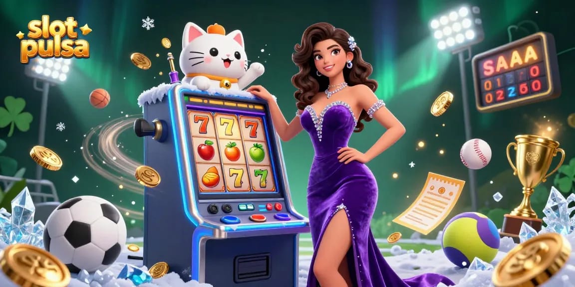 Spin the slot pulsa jackpot with vibrant casino elements and a fortune cat mascot!