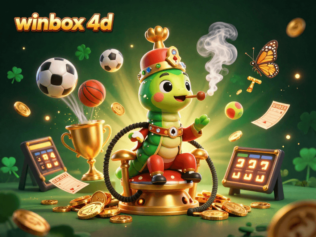 Experience the thrill of winbox 4d with a vibrant illustration of a mystical caterpillar and dynamic sports elements.