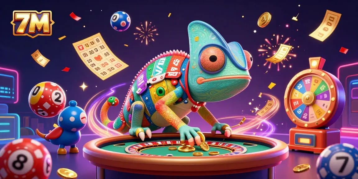 Experience the excitement of 7M casino adventures with vibrant elements and a dynamic chameleon owner.