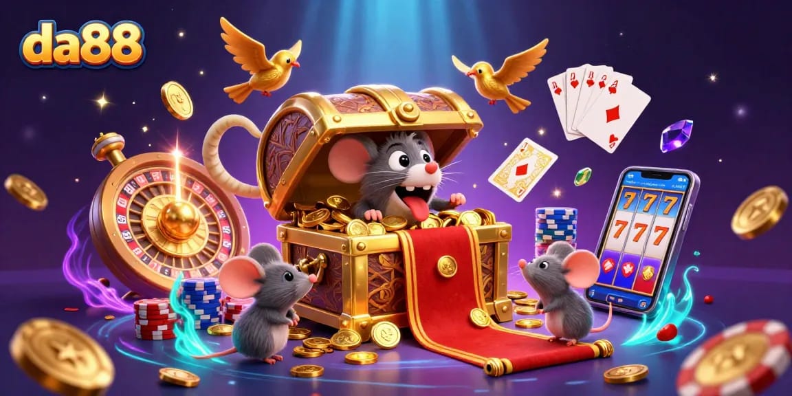 Win big with da88 at a vibrant casino scene filled with treasure, animated coins, and winning cards.